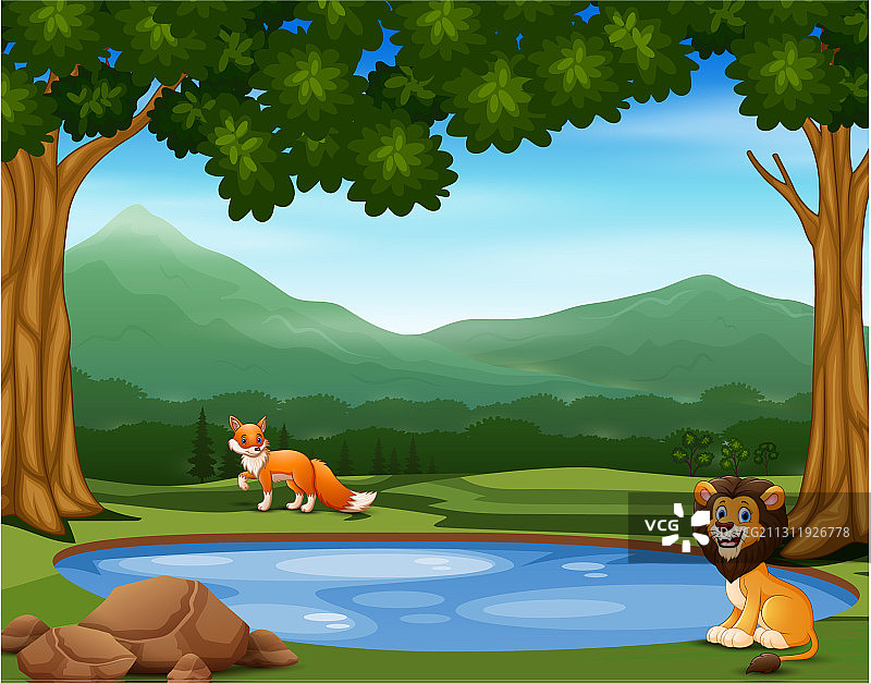 小池塘附近的动物卡通游戏图片素材