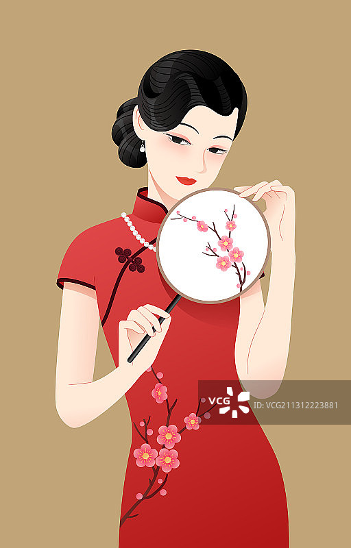 一个拿着扇子的旗袍美女图片素材