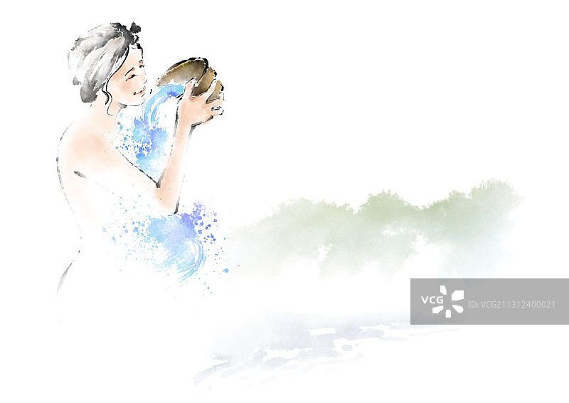 水墨画上的女人头戴毛巾往温泉里倒水图片素材