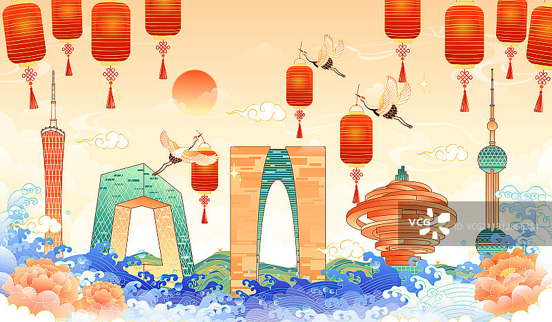 新年中国各地城市地标建筑矢量插画图片素材