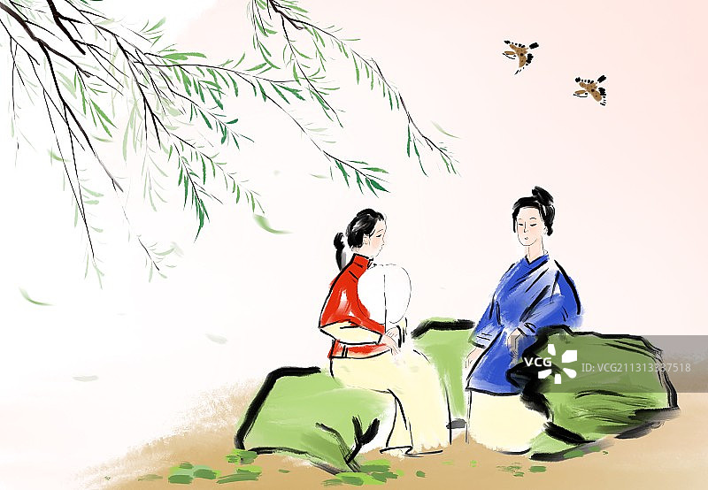 二十四节气水墨中国画春季古装汉服美女插图图片素材