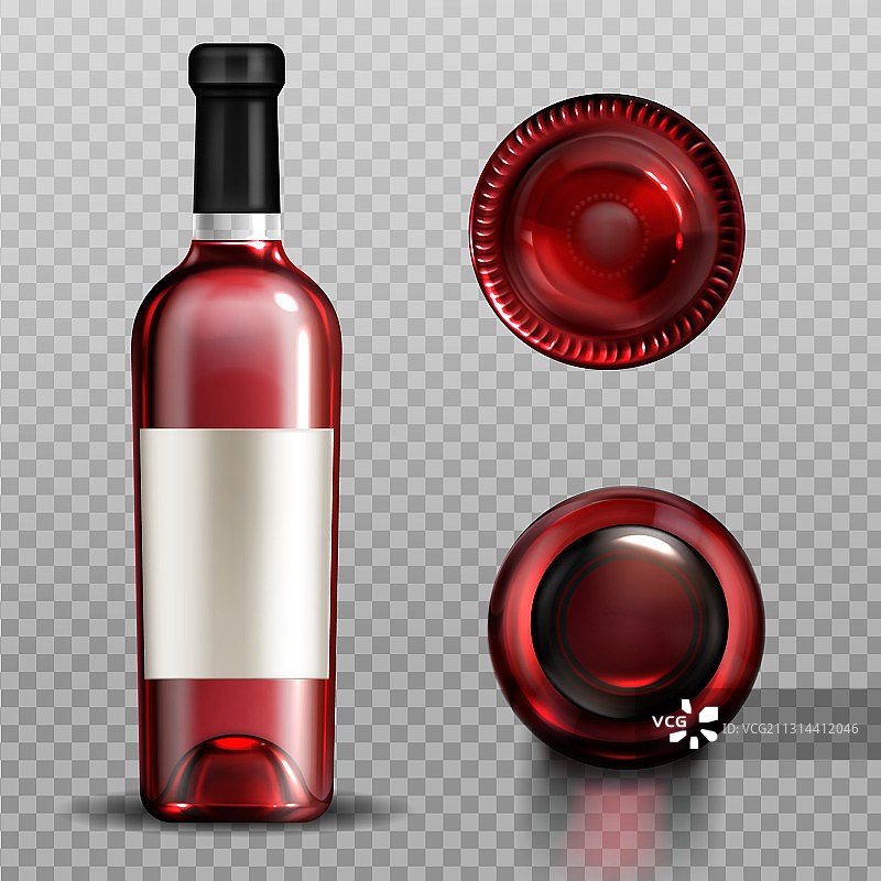 红酒在玻璃瓶前面的顶部和底部视图图片素材