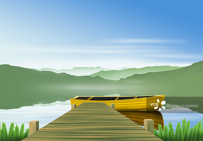 湖泊中一艘小木船图片素材