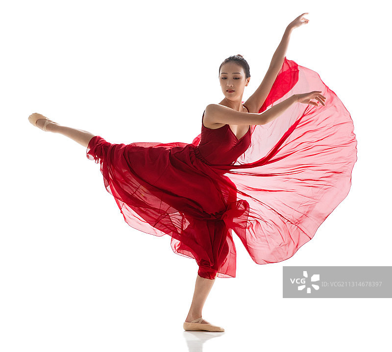 穿红色裙子跳芭蕾舞的青年女人图片素材