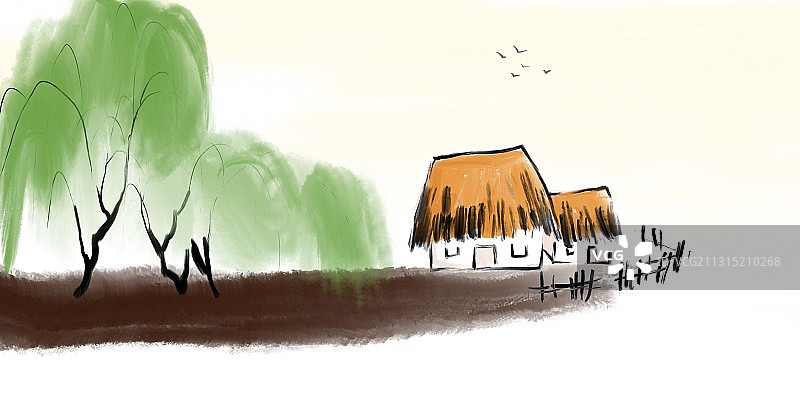水墨中国画乡村的房子图片素材