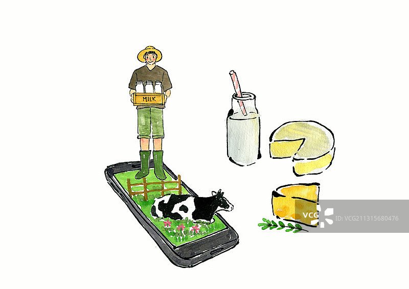 智能手机上的一名男子手持一篮牛奶，旁边放着奶酪等待送货图片素材