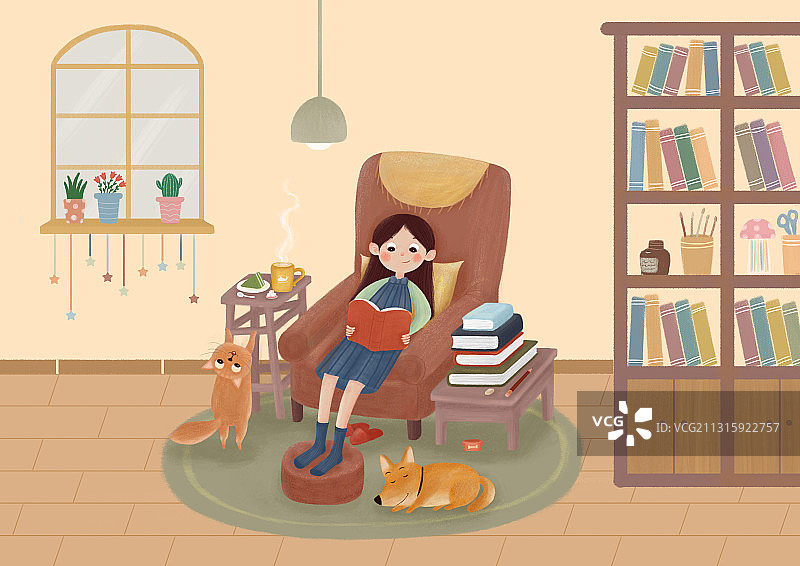 插画,看书,书,宅家,狗,猫,一个人,沙发,疫情,地毯,动物图片素材