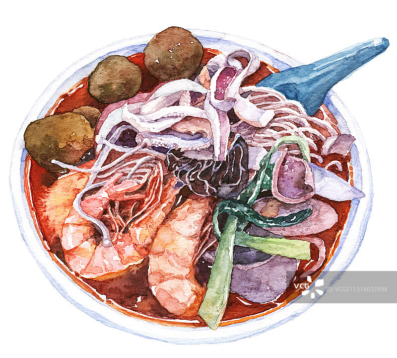美食文化地方特色小吃海鲜面条重庆小面水彩手绘插图图片素材