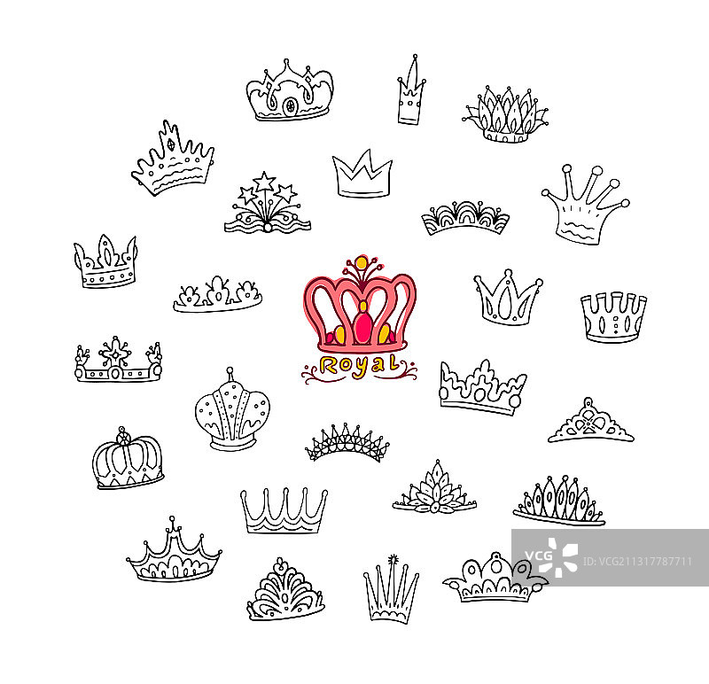 设置涂鸦黑色线王冠和冠冕素描图片素材