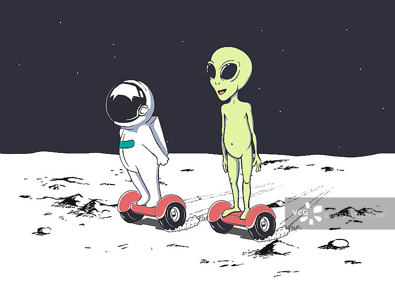 宇航员和外星人骑着旋转滑板车图片素材