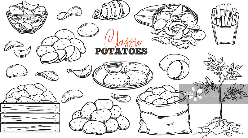 马铃薯产品轮廓图标集图片素材