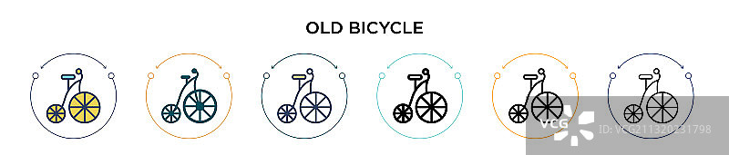 旧自行车图标在填充细线轮廓和图片素材