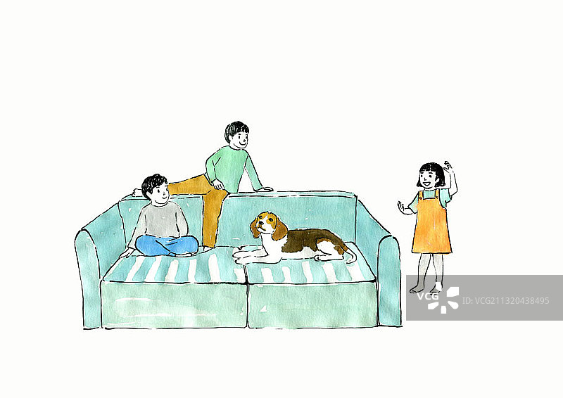 3个孩子和狗在沙发上玩耍的插图图片素材