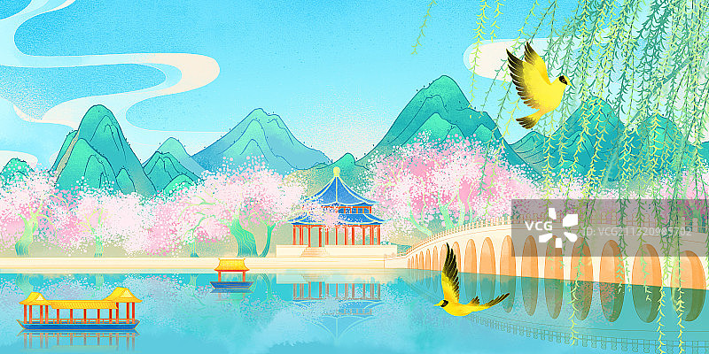 清明节颐和园十七孔桥黄鹂柳树山水插画图片素材