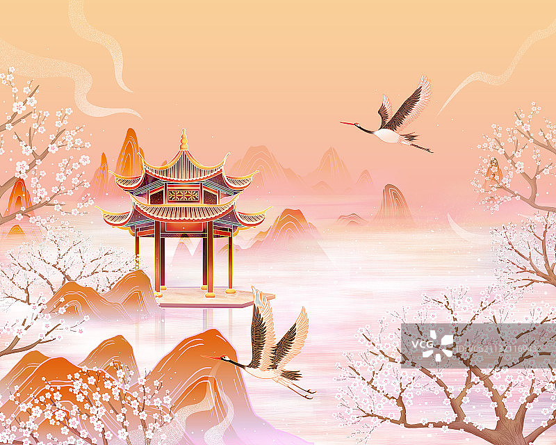 中国风山水樱花园林手绘插画海报背景图片素材