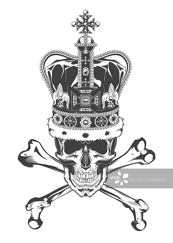 复古的单色头骨，交叉的骨头和皇冠图片素材