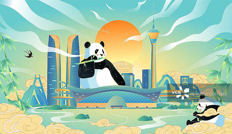 成都熊猫建筑群插画图片素材