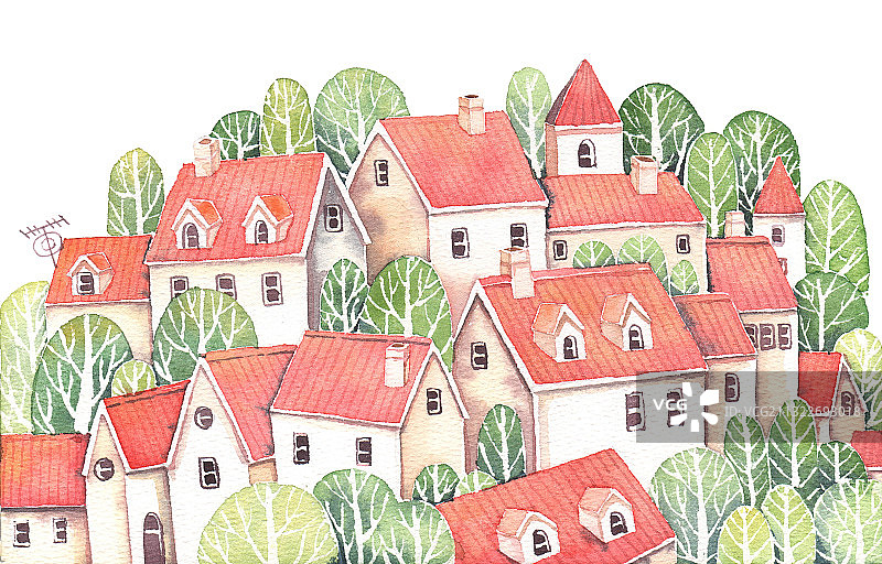水彩插画-树林里的红色房子图片素材