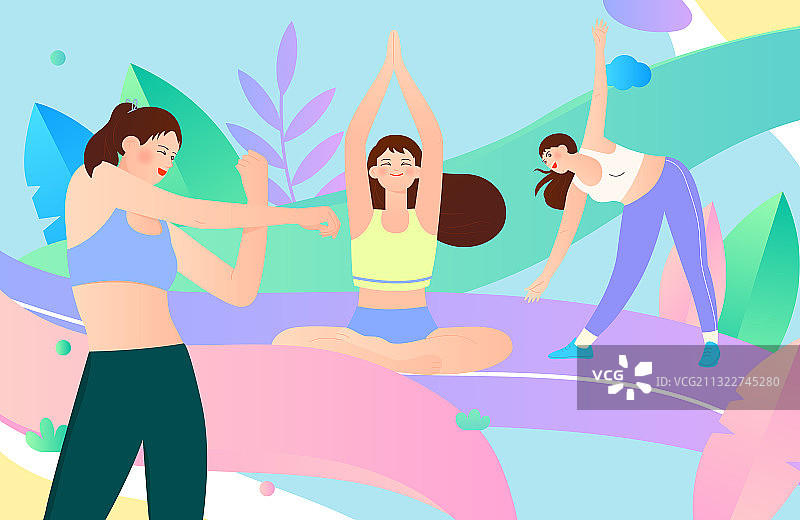 三个做瑜伽运动的时尚女孩矢量插画横图图片素材