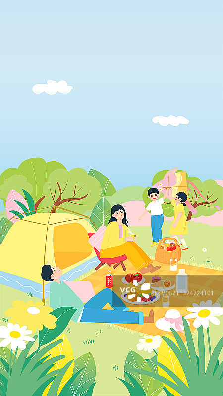 一家人户外帐篷郊游野餐矢量插画竖图图片素材