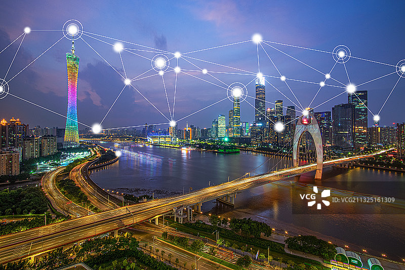 广州城市风光和5G智慧城市大数据互联概念图片素材