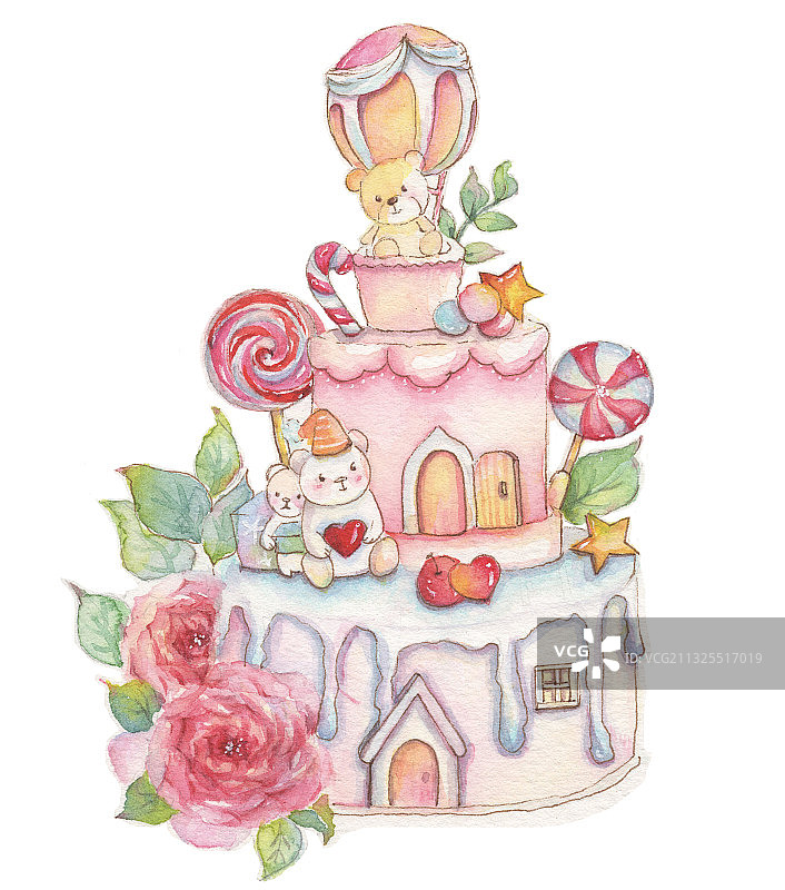 水彩插画童趣可爱的蛋糕冰淇淋花朵纸杯蛋糕屋图片素材