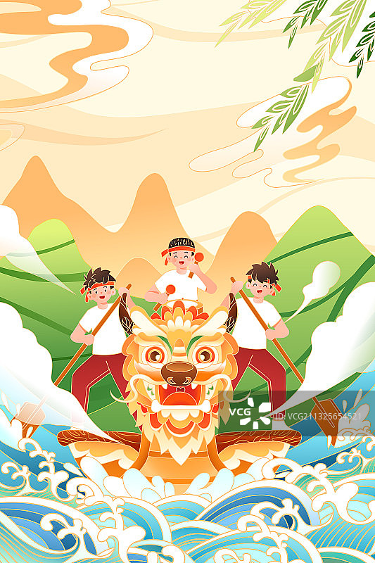 卡通端午节夏季赛龙舟传统节日粽子美食古风中国风国潮矢量插画图片素材