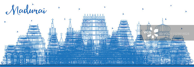 用蓝色勾勒出马杜莱印度城市的轮廓线图片素材