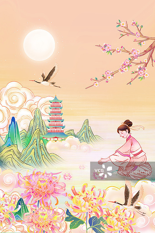 中秋节古代女子放河灯国风祈福插画海报背景图片素材
