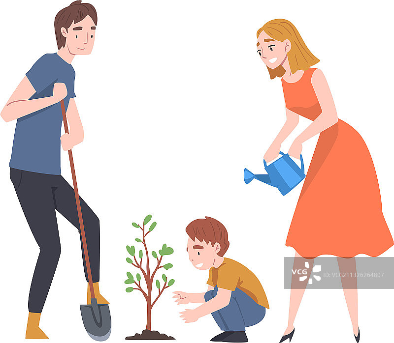 小家庭与小朋友一起植树育苗图片素材