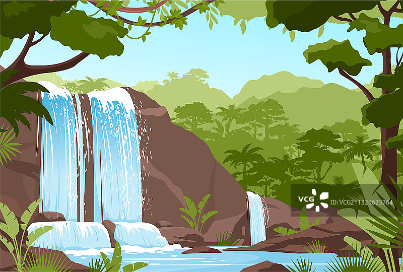 瀑布丛林景观与岩石瀑布图片素材