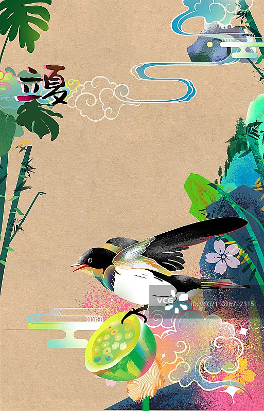 立夏夏天小景海报 小鸟与莲蓬图片素材