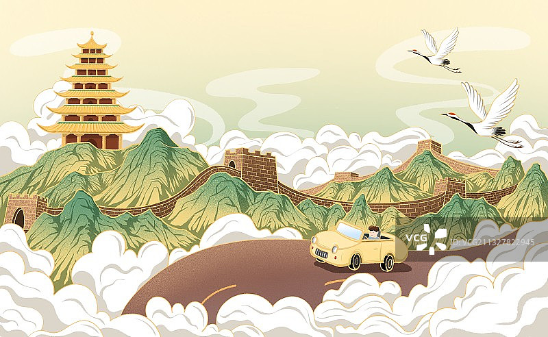 中国风长城宝塔开车旅行插画图片素材