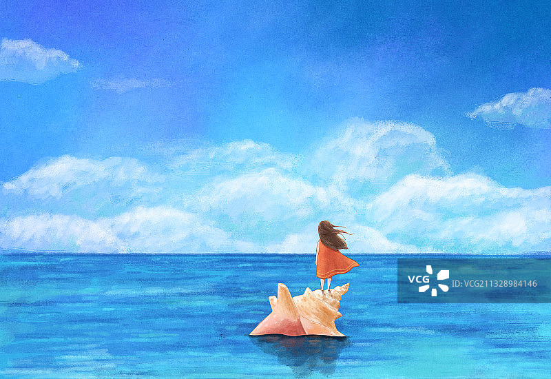 蓝色的海和女孩插画2图片素材