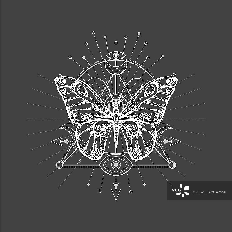 手绘蝴蝶和神圣的几何图案图片素材