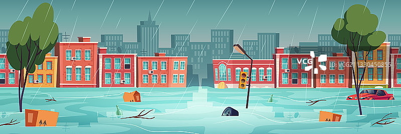 洪水淹没了城镇，河水流进了城市街道图片素材