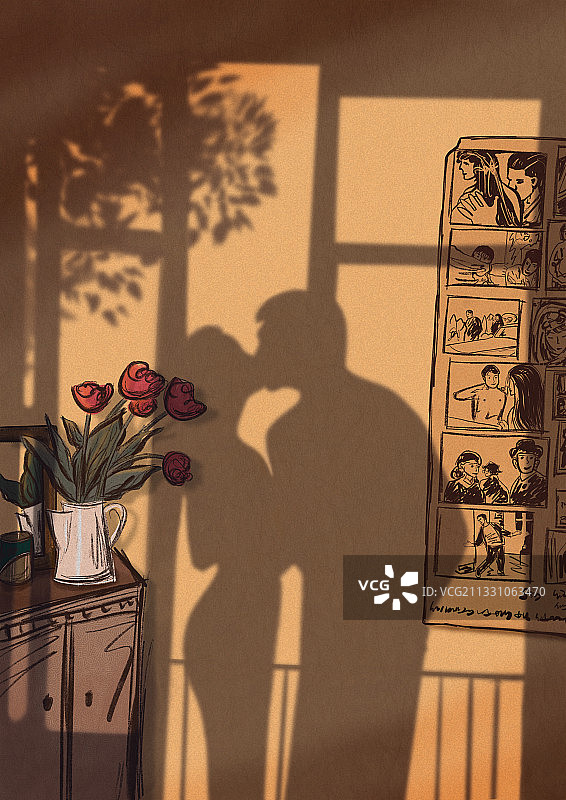 黄昏下情侣的浪漫亲吻投影图片素材