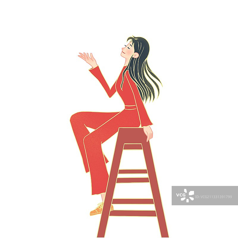 女人,梯子, 华贵,建筑业,连衣裤,伸手,红色,节气,扁平风图片素材