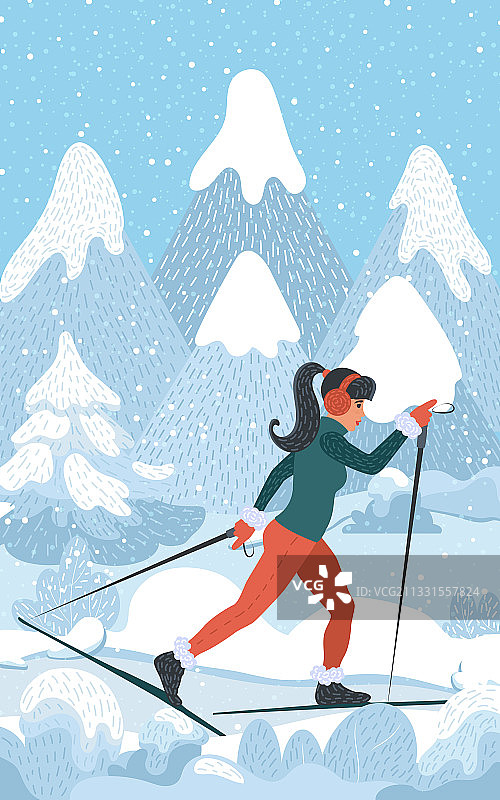 一个女人在度假，一个年轻的女孩去滑雪图片素材