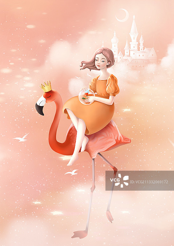 坐在火烈鸟上穿橙色裙子的少女图片素材