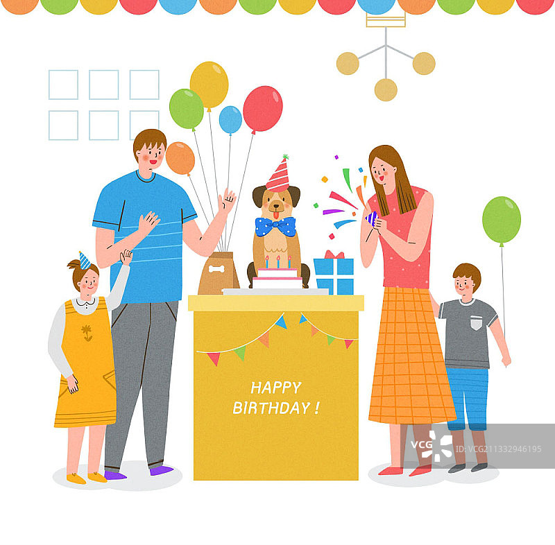 家庭为小狗举行生日聚会的插图图片素材