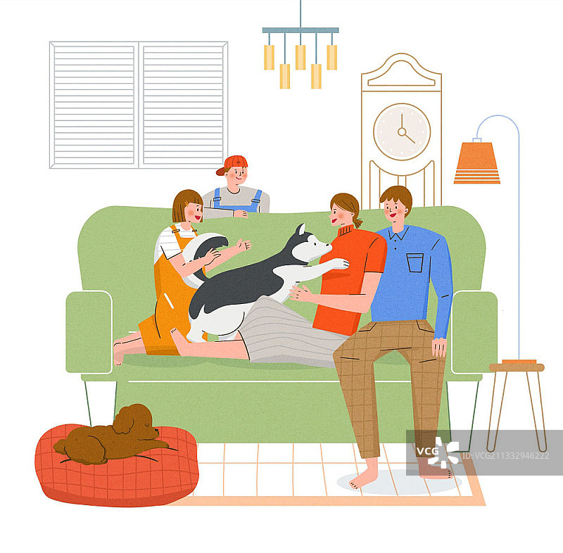 家庭和小狗坐在客厅沙发上享受时光的插图图片素材