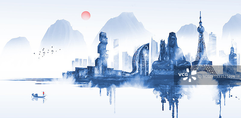 中国风水墨城市建筑佛山图片素材