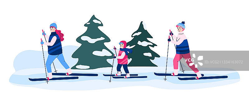 全家一起滑雪的寒假卡通图片素材
