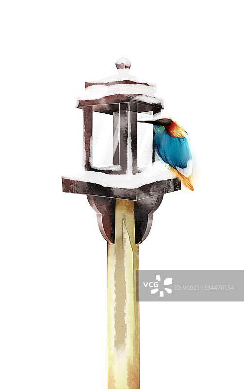 中国风冬天路灯与鸟插画元素图片素材