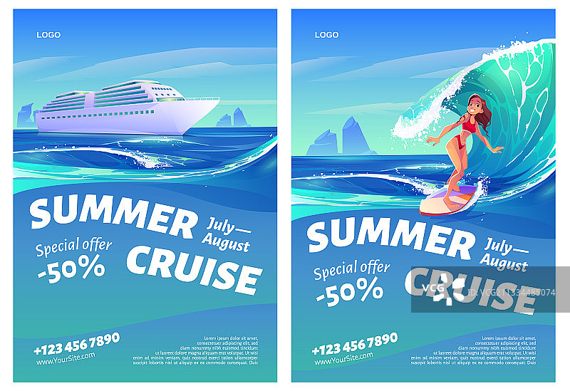夏季邮轮海报与船和冲浪者女孩图片素材