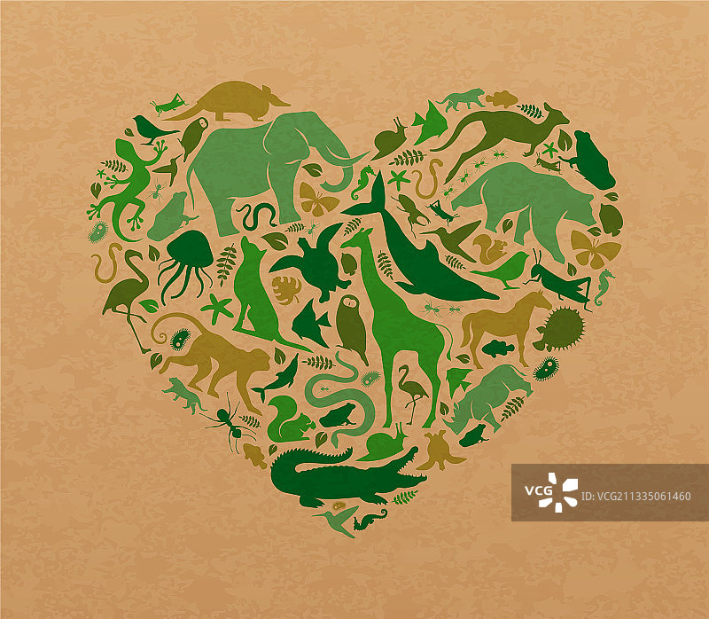 绿色野生动物爱再生纸心形图片素材