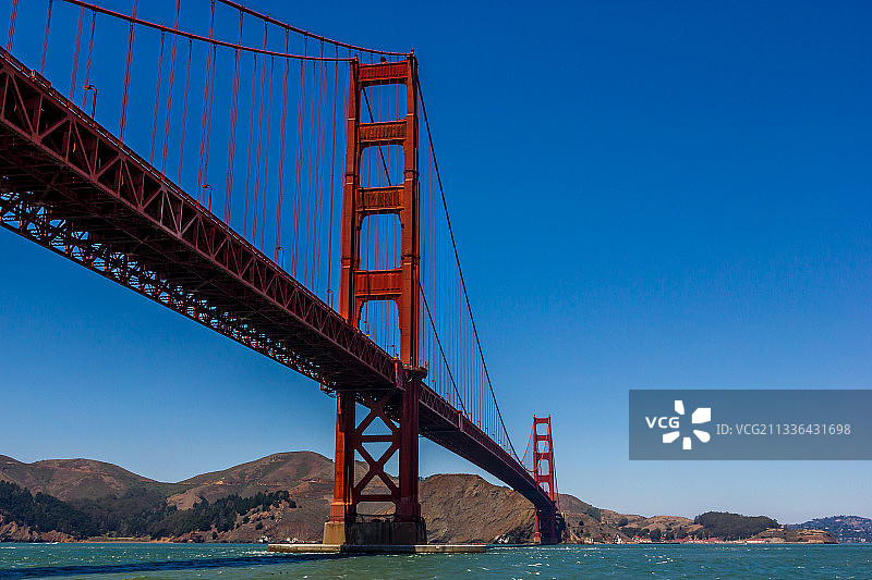 低角度的悬索桥对清澈的蓝天，旧金山，加利福尼亚，美国，美国图片素材