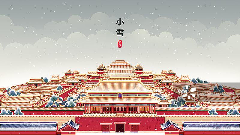中国风冬天故宫插画图片素材