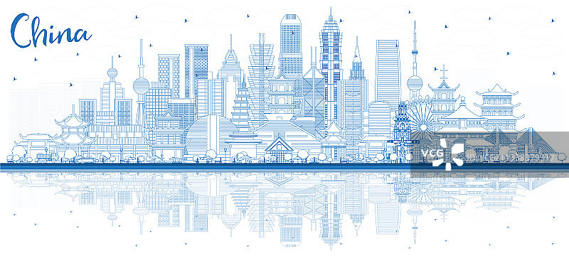 用蓝色的建筑勾勒出中国城市的天际线图片素材